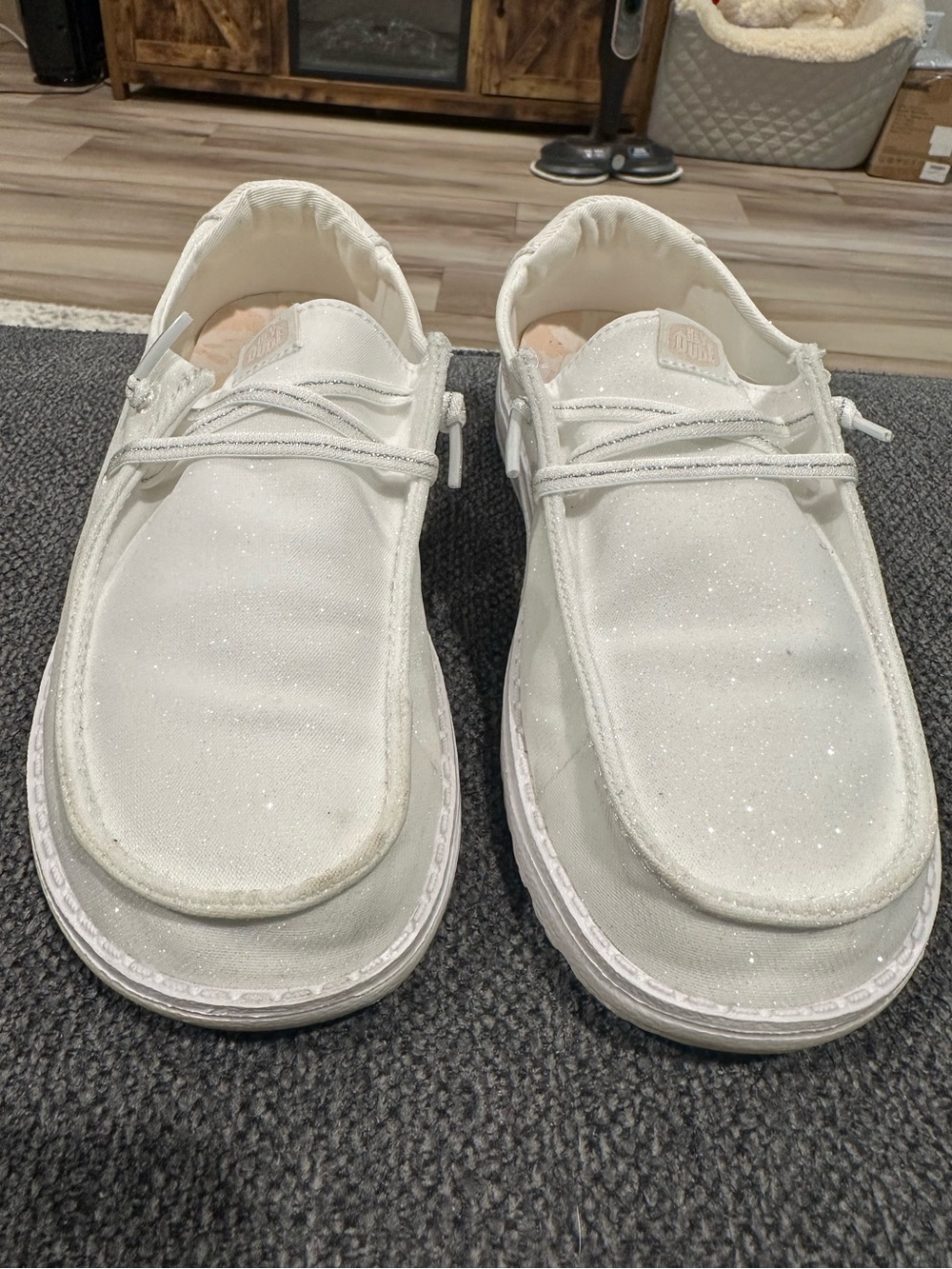 Hey Dude Women's White Sparkle Canvas Slip-On Shoes